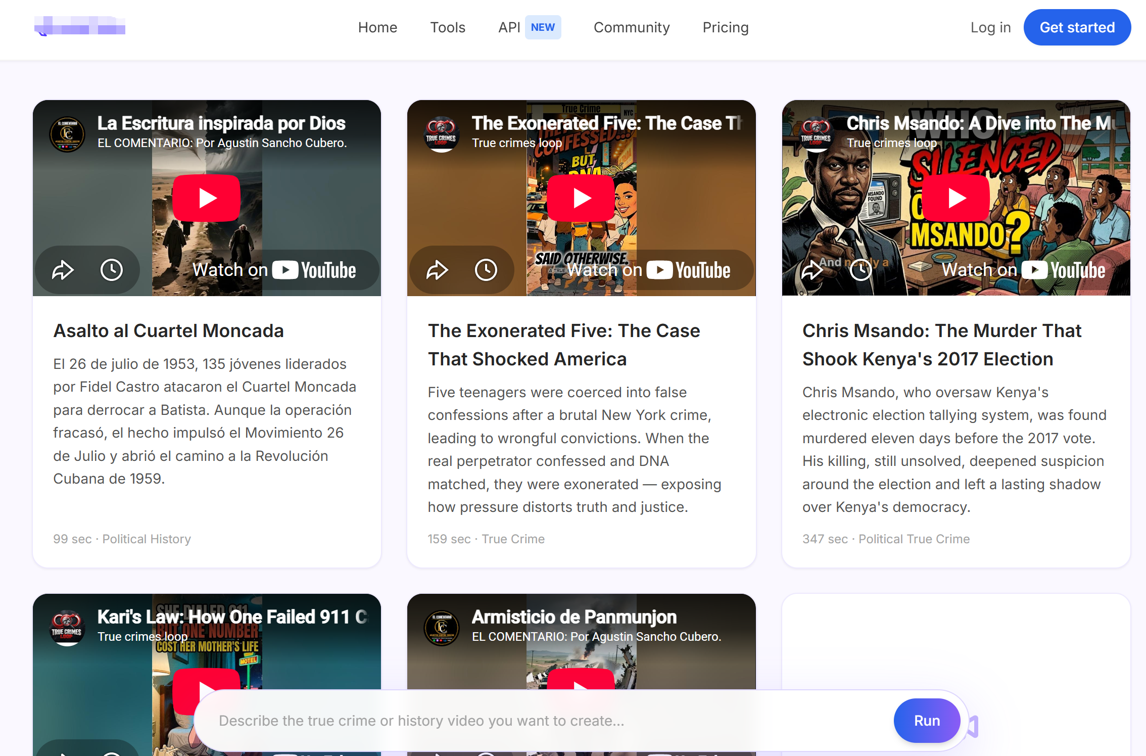 Ejemplo de página web de contenido de vídeo generado con IA